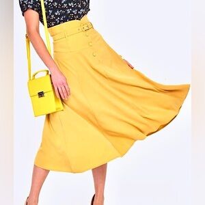Voodoo Vixen 1940s Mustard Yellow Super High Waist Belted Swing Skirt XS UK 6